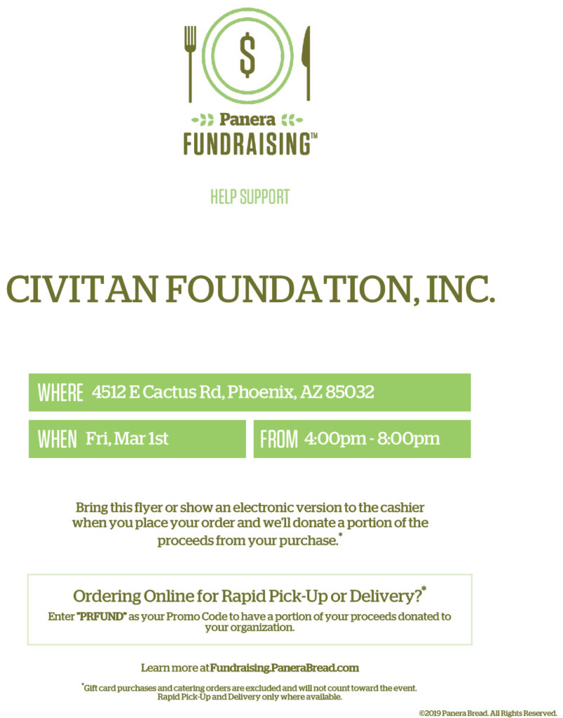 Panera Bread fundraising flyer for March 1, 2019
